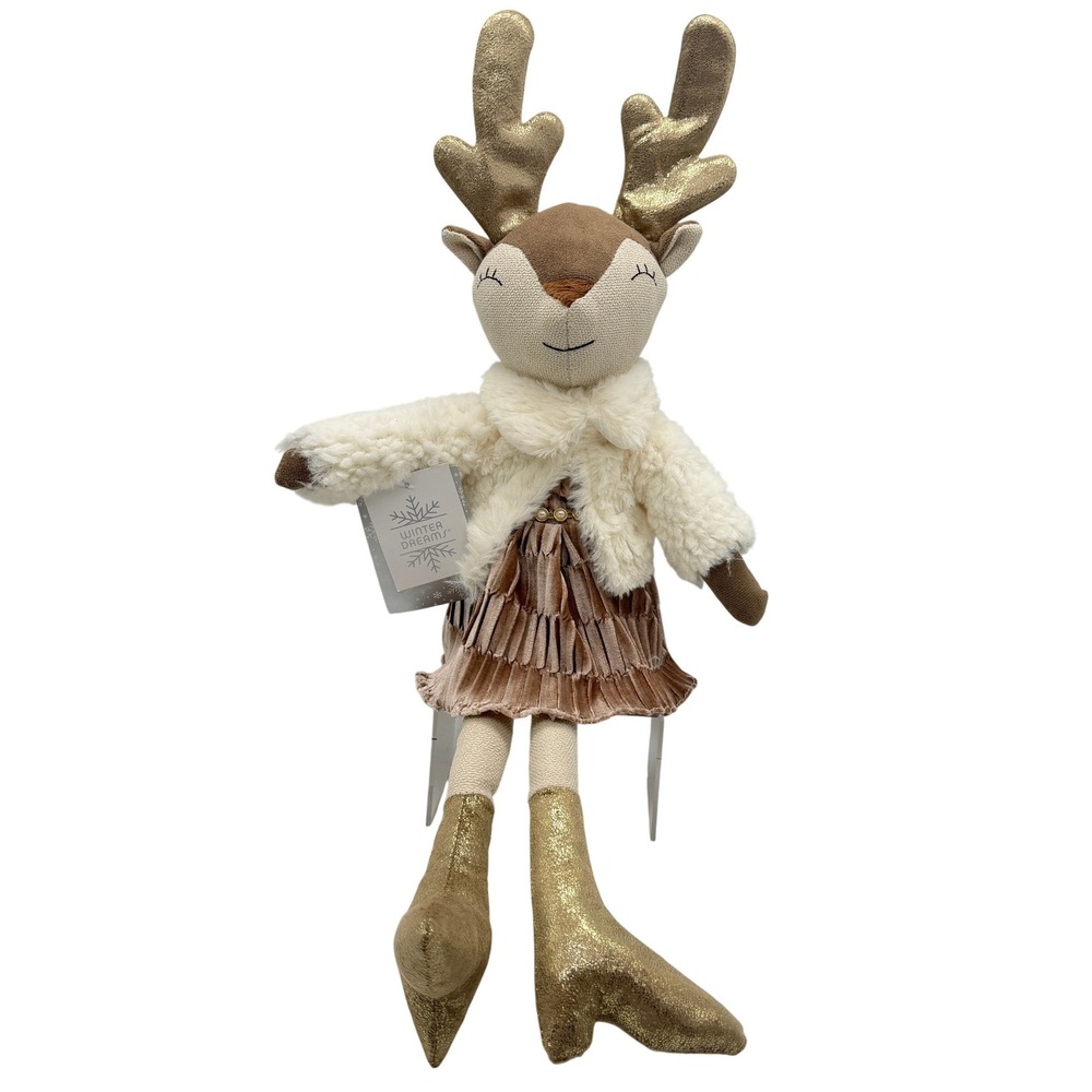 Winter Dreams Reindeer Plush Doll Gold Antlers Faux Fur Jacket Velvet Skirt 21in